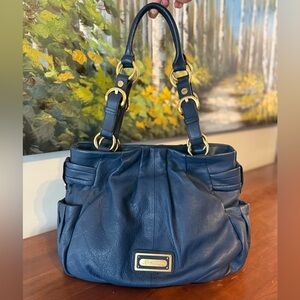 B. Makowsky Navy Blue Leather Bag | Brushed Gold | Leopard | Classic Luxury Y2K